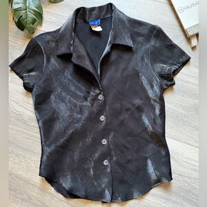 Vintage 90s Y2K Sparkle Collare Cap Sleeve Wet Look Black Button Down Top Size S